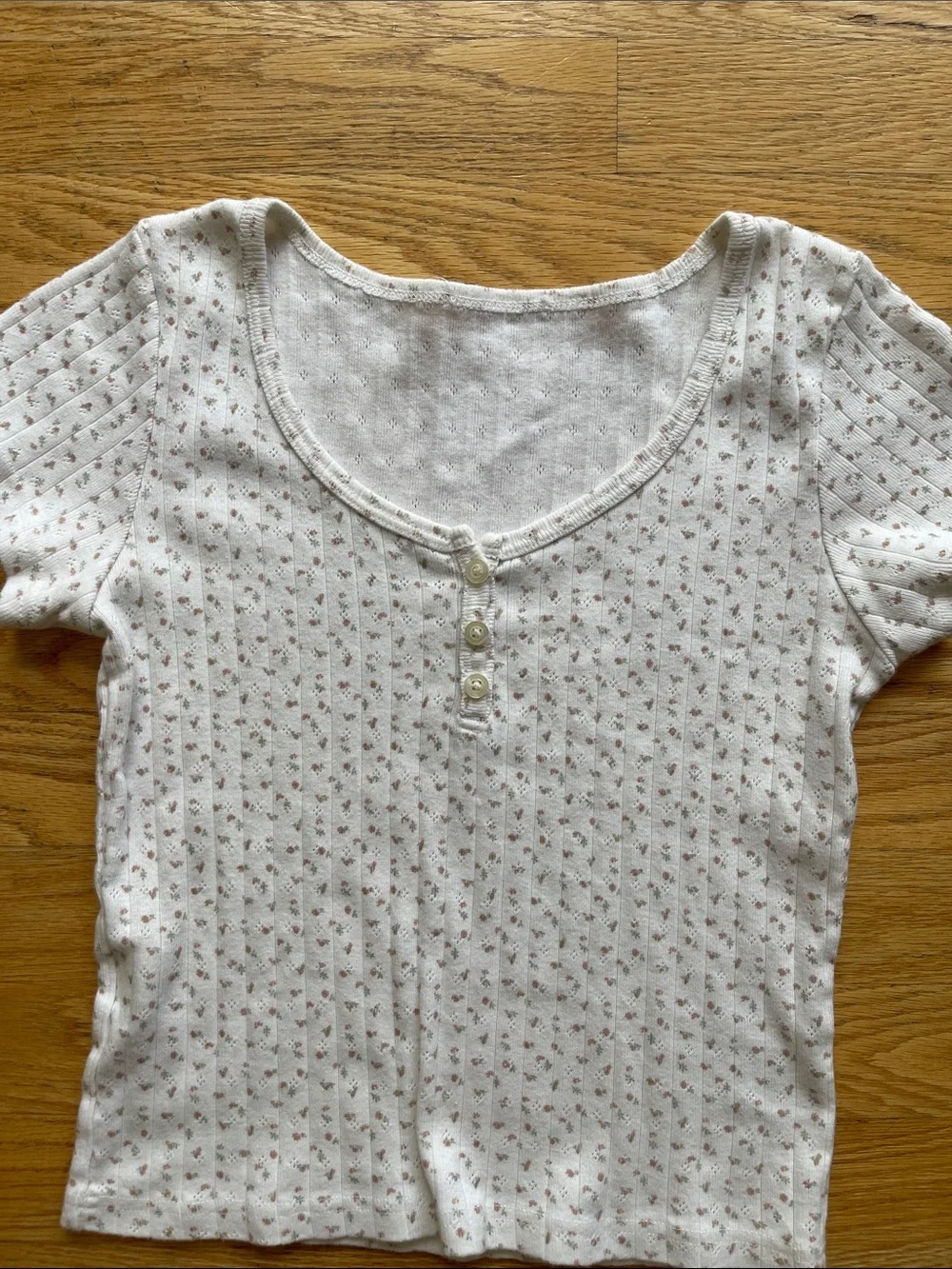 Brandy Melville - Girls' White Floral Ribbed Henley Tee